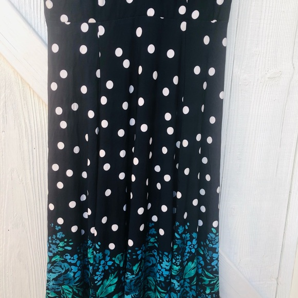 Jessica Howard Black and White Polka Dot Dress with Green Floral Hem Size 14W - Picture 7 of 8